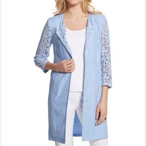 Chicos Lovely Lace Mix Duster Jacket Light Blue Size 1 or Small